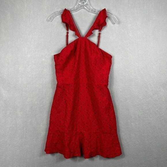 J.O.A Red Eyelet Lace Mini Dress Halter Ruffle Straps Size Medium - Picture 3 of 13